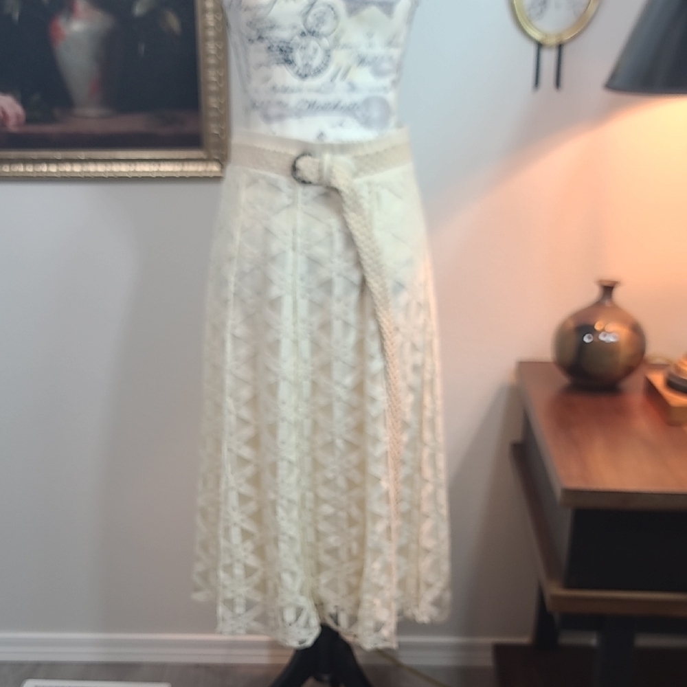 Lapis Cream Lace Midi Skirt With Belt
